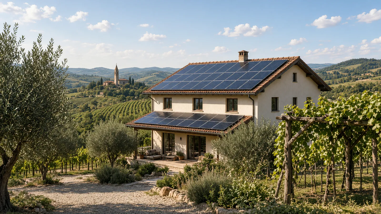 Casa con il tetto coperto di moduli fotovoltaici tra olivi e vigneti sulle colline, nella luce del mattino